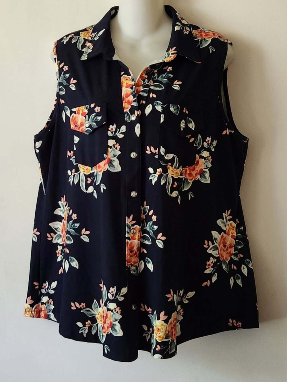 Market & Spruce sleeveless blouse sz XXL navy yellow pink floral EUC